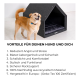 Ein tanfarbener Hund steht neben einem stilvollen schwarzen Hundehäuschen mit einem weichen Innenraum. Der Text hebt Vorteile für Hunde und Besitzer hervor.