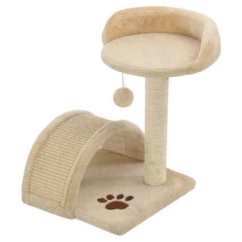 Ein beiger Kratzbaum für Katzen mit einer gemütlichen Liegefläche, einem Kratzbaum und einem gebogenen Tunnel, der einen baumelnden Ball und ein Pfotenabdruckdesign zeigt.