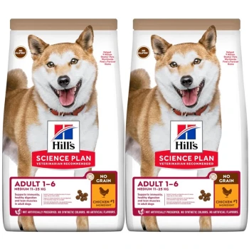 Verpackung von Hill's Science Plan Hundefutter mit einem lächelnden Shiba Inu, beschriftet mit "Erwachsene 1-6", "Keine Körner" und "Huhn #1 Zutat."