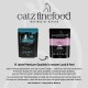 Zwei Katzenfutter-Packungen von catz finefood mit altem und neuem Design, beide mit der Aufschrift „Schaf“ (Lamm), 85g, mit Markenlogo und „Inspired by Nature“.