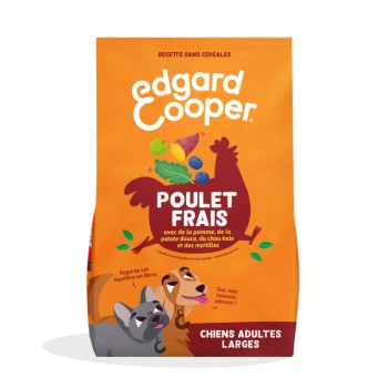 Sac de nourriture pour chiens Edgard Cooper orange portant l'inscription « Poulet Frais », silhouette de poulet avec légumes et deux chiens dessinés, « Chiens Adultes Larges ».