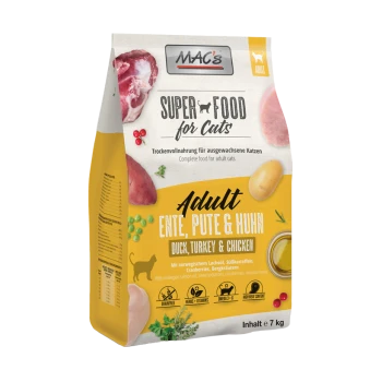 MAC's Super Food für Katzen, 7 kg Sack, "Adult Ente, Pute & Huhn" (Ente, Truthahn & Huhn) mit Lachs, Süßkartoffeln und Cranberries.