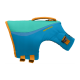 Eine blaue und türkisfarbene Hundeschwimmweste mit einem orangefarbenen Griff und Riemen, mit dem Text "RUFFWEAR" an der Seite.