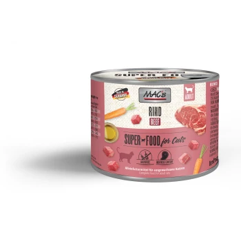Dosenfutter für Katzen mit dem Etikett "MAC's Rindfleisch", mit Bildern von Rindfleischstücken und einer Karotte, mit Text, der angibt, dass es getreidefrei und mit hohem Fleischanteil ist.