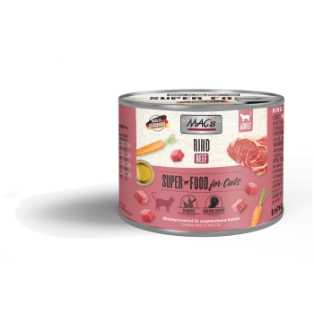 Dosenfutter für Katzen mit dem Etikett "MAC's Rindfleisch", mit Bildern von Rindfleischstücken und einer Karotte, mit Text, der angibt, dass es getreidefrei und mit hohem Fleischanteil ist.