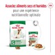 Emballage de nourriture pour chiens Royal Canin présentant un sac de nourriture sèche et un sachet de nourriture humide, promouvant une nutrition optimale pour les petits chiens adultes.