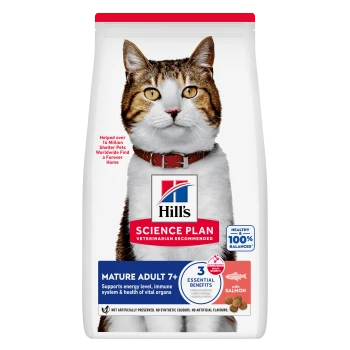 Sac de nourriture pour chats Hill's Science Plan avec grand portrait de chat, « Mature Adult 7+ », « Science Plan », « au saumon »