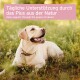 Gelber Labrador liegt mit Halsband im Gras; sichtbarer Text: ‚Tägliche Unterstützung…‘ und ‚Daily support — power of nature‘.