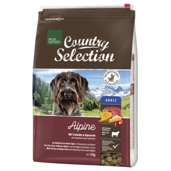 Country Selection Alpine Dinde et bœuf alpin 4 kg Sac de nourriture pour chiens étiqueté "Real Nature Country Selection Alpine" avec des ingrédients de dinde, de bœuf alpin, de fromage Emmental et de citrouille.