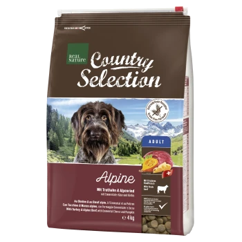 Hundefuttertüte mit der Aufschrift "Real Nature Country Selection Alpine" mit Puten-, Alpenrind-, Emmentaler Käse- und Kürbisinhalten.