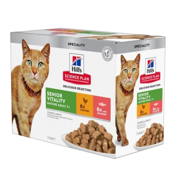 Hill's Science Plan Senior Vitality Katzenfutterbox mit einer köstlichen Auswahl von 12 Beuteln, 6 mit Huhn und 6 mit Lachs.
