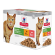Boîte de nourriture pour chats Hill's Science Plan Senior Vitality présentant une délicieuse sélection de 12 sachets, 6 avec du poulet et 6 avec du saumon.