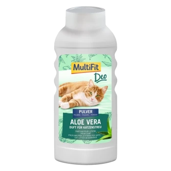 Bottle of MultiFit Deo cat litter deodorizer powder, featuring a relaxed orange tabby cat on a green background, labeled "Aloe Vera."