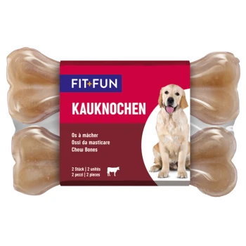 Verpakking van kauwbotten met twee botvormige traktaties, gelabeld "FIT+FUN Kauknochen" met een afbeelding van een golden retriever.
