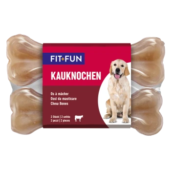 Verpackung für Kauknochen mit zwei knochenförmigen Leckerlis, beschriftet mit "FIT+FUN Kauknochen" und einem Bild eines Golden Retrievers.
