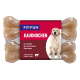 Emballage de os à mâcher présentant deux friandises en forme d'os, étiqueté "FIT+FUN Kauknochen" avec une image de chien golden retriever.