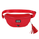 Rote Haustier-Hüfttasche mit perforiertem Design, mit einem Reißverschluss, einem Quastenanhänger und einem Logo-Patch, auf dem "DOOG" steht.