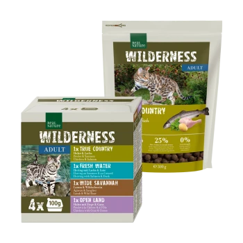Real Nature Wilderness Haustierfutterverpackung: eine Box mit vier 100g "Erwachsenen" Portionen in "True Country" und "Fresh Water", plus eine 300g Tüte mit einem Katzenbild.