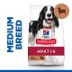 Hill's Science Plan dog food bag for medium breeds, featuring a smiling black and white dog, labeled "Adult 1-6" with lamb.