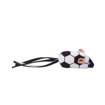Plüschmaus-Katzenspielzeug mit Fußballmuster, blauem Auge, beigen Ohren und langem schwarz-weißem Band als Schwanz.