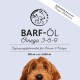 Etikett für BARF-ÖL Omega 3-6-9, ein Nahrungsergänzungsmittel für Hunde und Katzen, mit dem Gesicht eines Hundes und Text auf Deutsch.
