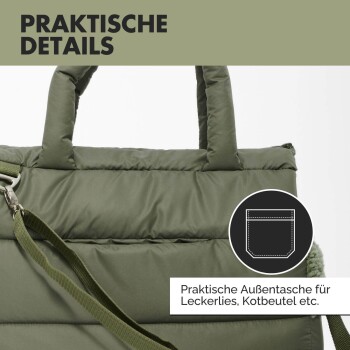 Grüne gepolsterte Transporttasche für Haustiere mit Griffen und abnehmbarem Gurt, beschriftet mit „Praktische Außentasche für Leckerlis, Kotbeutel usw.“