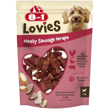 8 in 1 Lovies Meaty Sausage Wraps Hundeleckerlis mit natürlichem Huhn, Ente, Schwein, weizenfreie Rezeptur, über 1kg.