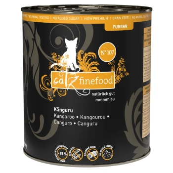 Schwarze Dose Catz Finefood mit Kängurufleisch, beschriftet mit "Känguru" und "ohne Zuckerzusatz", "getreidefrei" und "ohne Tierversuche."