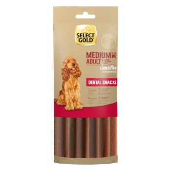 Sélection de friandises dentaires Gold pour chiens adultes de taille moyenne (11-25 kg), formule sensible, avec un cocker spaniel doré sur l'emballage.