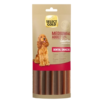 Sélection de friandises dentaires Gold pour chiens adultes de taille moyenne (11-25 kg), formule sensible, avec un cocker spaniel doré sur l'emballage.