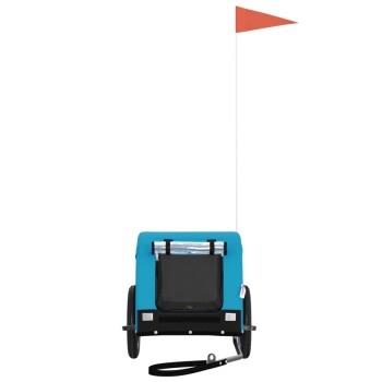 Ein blauer Haustieranhänger mit zwei Rädern, ausgestattet mit einem schwarzen Netzfenster und einer orangefarbenen Flagge oben, entworfen für den Transport von Haustieren.
