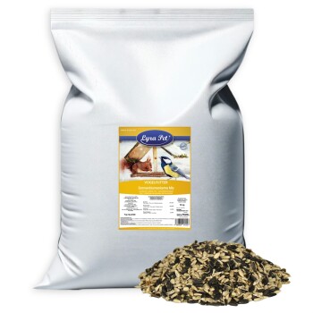 Silberner 10-kg-Lyra-Pet-Vogelfuttersack mit der Aufschrift 'VOGELFUTTER Sonnenblumenkerne Mix' und einem Haufen Sonnenblumenkerne davor.