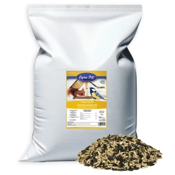 Silberner 10-kg-Lyra-Pet-Vogelfuttersack mit der Aufschrift 'VOGELFUTTER Sonnenblumenkerne Mix' und einem Haufen Sonnenblumenkerne davor.