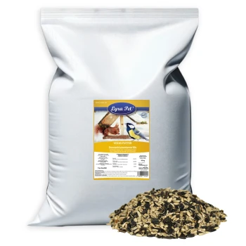 Silberner 10-kg-Lyra-Pet-Vogelfuttersack mit der Aufschrift 'VOGELFUTTER Sonnenblumenkerne Mix' und einem Haufen Sonnenblumenkerne davor.