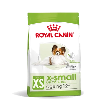 Royal Canin X-Small Hundefutter für ältere Hunde 12+, geeignet für Hunde bis 4 kg, mit einem Papillon-Hund auf der Verpackung.