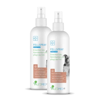 Fellspray Sensitive Flasche für Haustiere, mit Text auf Deutsch: "Erleichtert die Kämmmbarkeit und pflegt das Fell," mit einem Hundebild und Valuemed-Logo.