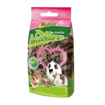 A colorful bag of MultiFit Nature snacks for small pets, featuring a heart shape and images of a rabbit, guinea pig, and hamsters.