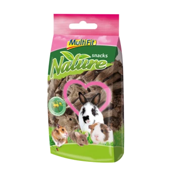 A colorful bag of MultiFit Nature snacks for small pets, featuring a heart shape and images of a rabbit, guinea pig, and hamsters.
