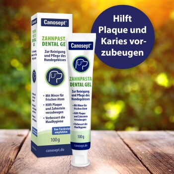 Zahngel für Hunde von Canosept, mit einer Tube und einer Box, behauptet, Plaque und Karies vorzubeugen, mit Minze für frischen Atem.