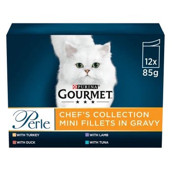 Purina Gourmet Perle Chef's Collection Mini Fillets in Gravy for cats, featuring a white cat. Box contains 12 x 85g packs with various flavors.