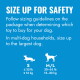 Blaue Grafik: GRÖßER WÄHLEN – ZUR SICHERHEIT; Packungsgrößen beachten; S ≤35 lb; M/L 30–65 lb.