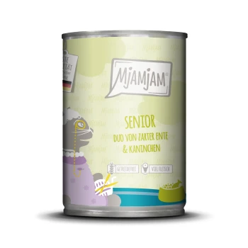 Nassfutter Katze Senior, Duo von Ente & Kaninchen 6x400 g Dose Mjamjam Senior-Hundefutter mit Ente und Kaninchen, mit einer Cartoon-Illustration eines älteren Hundes und dem Text "Senior" und "Duo von zarter Ente & Kaninchen."