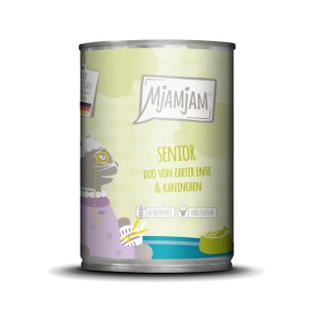 Dose Mjamjam Senior-Hundefutter mit Ente und Kaninchen, mit einer Cartoon-Illustration eines älteren Hundes und dem Text "Senior" und "Duo von zarter Ente & Kaninchen."