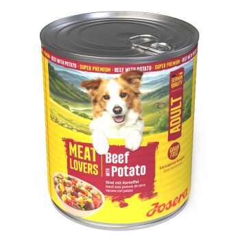 Dose Josera Hundefutter mit der Aufschrift 'Meat Lovers Beef with Potato', lächelndes Hundefoto, 'Adult' und 'Grain Free'.