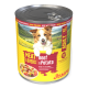 Dose Josera Hundefutter mit der Aufschrift 'Meat Lovers Beef with Potato', lächelndes Hundefoto, 'Adult' und 'Grain Free'.