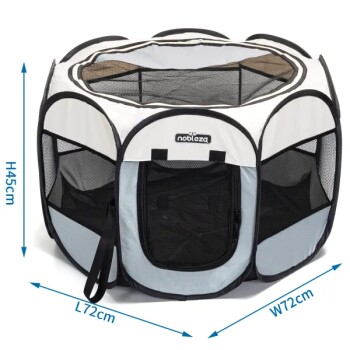 Tragbarer Haustierspielplatz von Nobleza, mit einer Länge von 72 cm, einer Breite von 72 cm und einer Höhe von 45 cm, mit Netzseiten und einem Reißverschluss-Eingang.