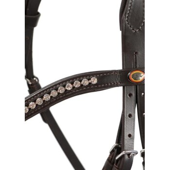 Braunes Leder-Haustiergeschirr, verziert mit funkelnden Strasssteinen entlang des Riemens, mit einer Metallschnalle und Logodetail.