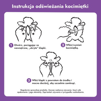 Polska instrukcja 'Instrukcja odświeżania kocimiętki' z trzema ilustracjami krok po kroku pokazującymi ręce uzupełniające kocimiętkę.