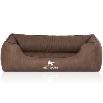Braunes Hundebett mit einem gesteppten Innenraum und einem Logo eines Hundesilhouetten, beschriftet "KNUFFELWUFF."