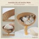 Katze ruht in einem handgewebten Rattan-Sitz mit weicher, abnehmbarer und waschbarer Matte, beschriftet mit "Gewebter Sitz mit weicher Matte."
